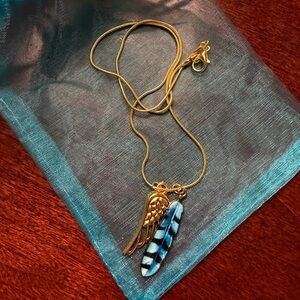 New Gold angel wing and Blue jay Feather Pendant Necklace-16” chain